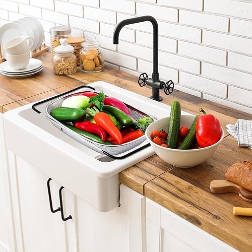 Miniatura 3 de Tioncy Colador grande para colocar sobre el fregadero, colador de acero inoxidable de 6 cuartos de galón con malla fina o rejilla, cesta coladora