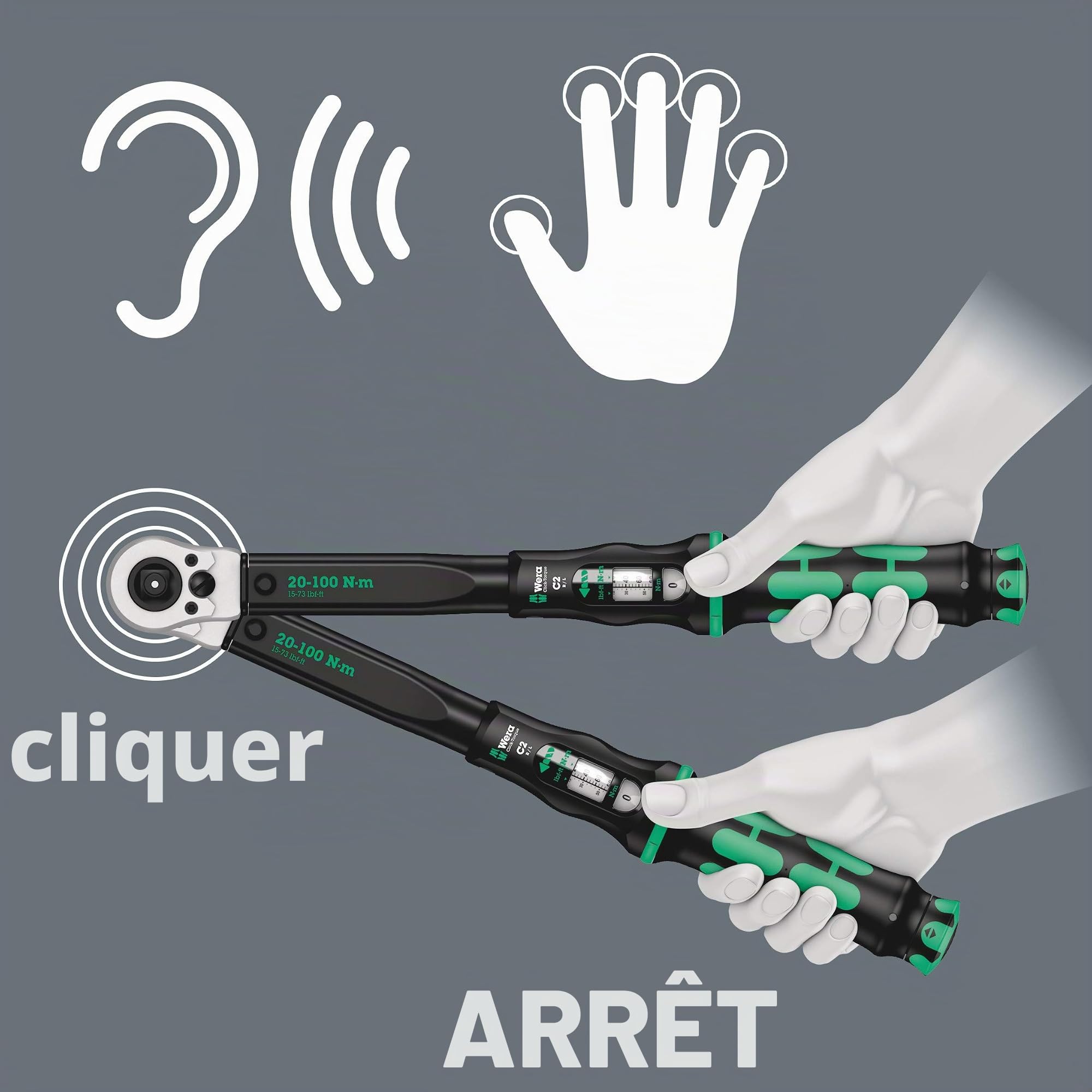 Wera Click-Torque C 2 Push R/L clé dynamométrique réglable pour serrage à droite et à gauche, 1/2", 20-100 Nm