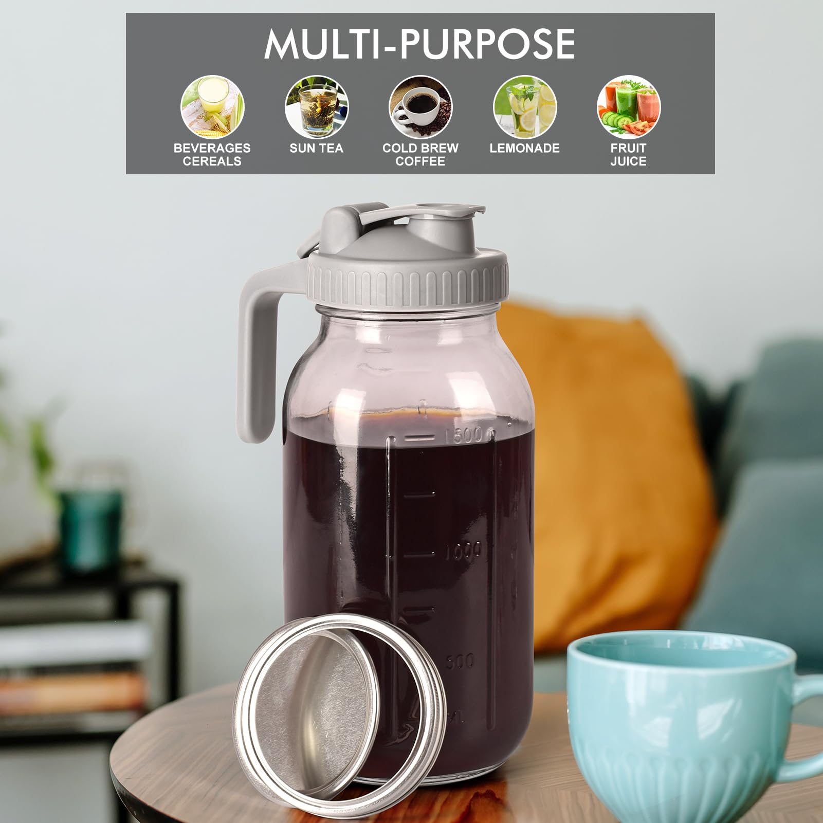 Zimny zaparzacz do kawy Mason Jar, trwałe szkło, 1800 ml, z uchwytem i filtrem ze stali nierdzewnej do mrożonej kawy, lemoniady, mrożonej herbaty, domowego pojemnika na napoje owocowe