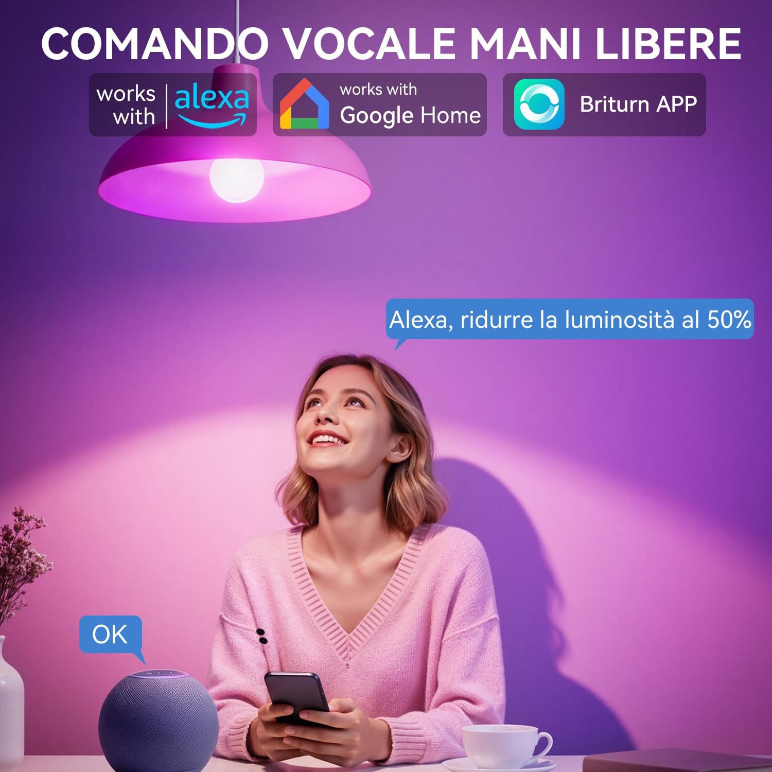 Auxmir Lampadina Alexa E27 Intelligente, Lampadine Smart LED Dimmerabile Multicolore RGB e 100+ Modalità, 10W 800 LM Compatibile con App, Alexa e Google Home, Controllo Remoto, 6 Pezzi