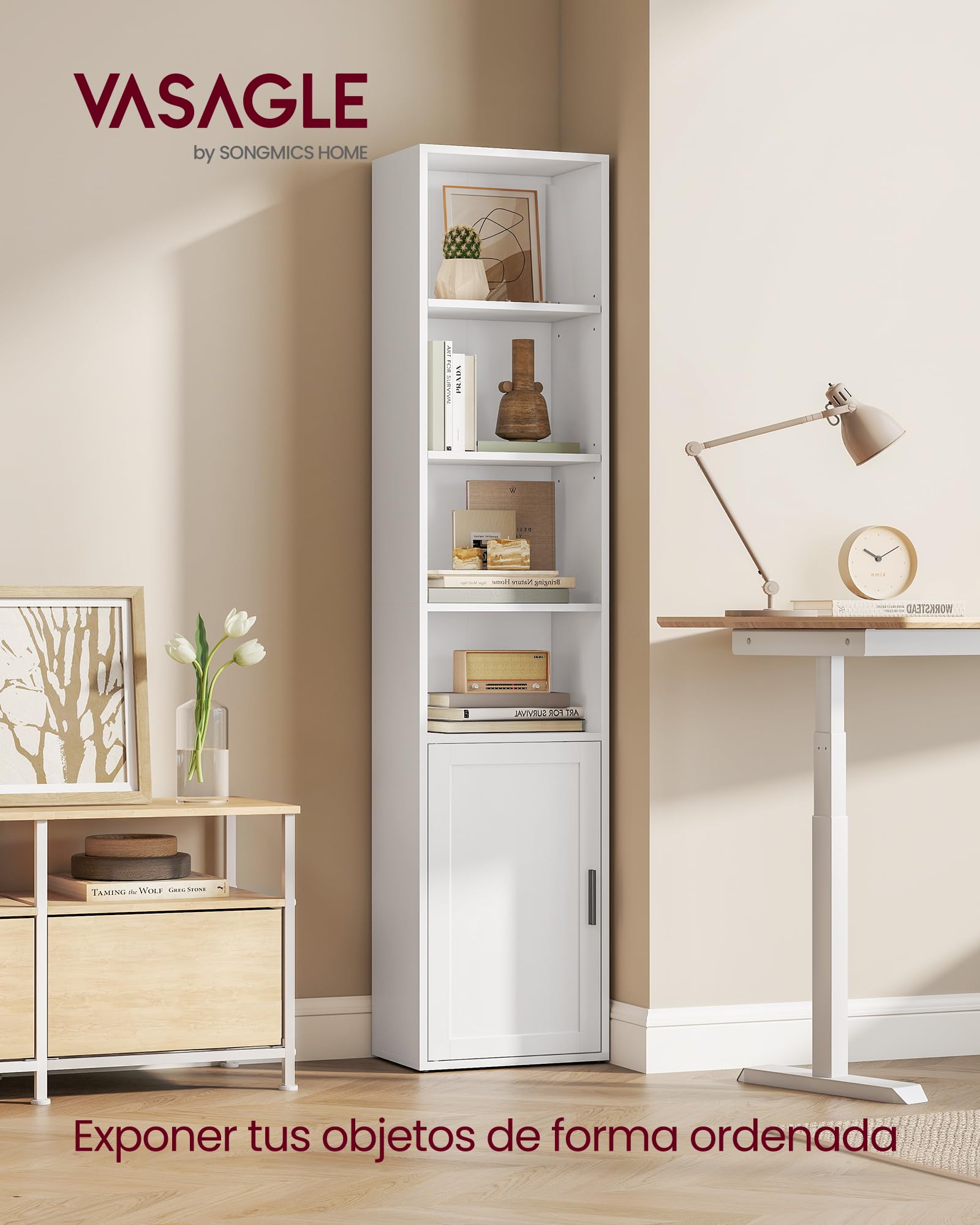 VASAGLE Librería, Estantería Vertical de 6 Niveles, con Puerta, 24 x 31,8 x 175 cm, para Salón, Estudio, Oficina, Comedor, Blanco Nube LBC401W01