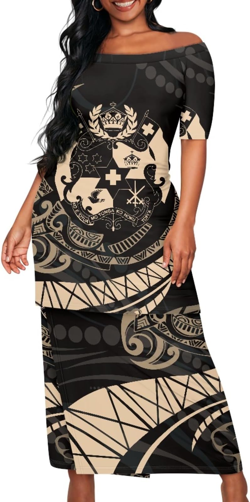 JooMeryer Women's Puletasi 2 Piece Set Tribal Polynesian Samoan One Shoulder Top Maxi Dress Outfit