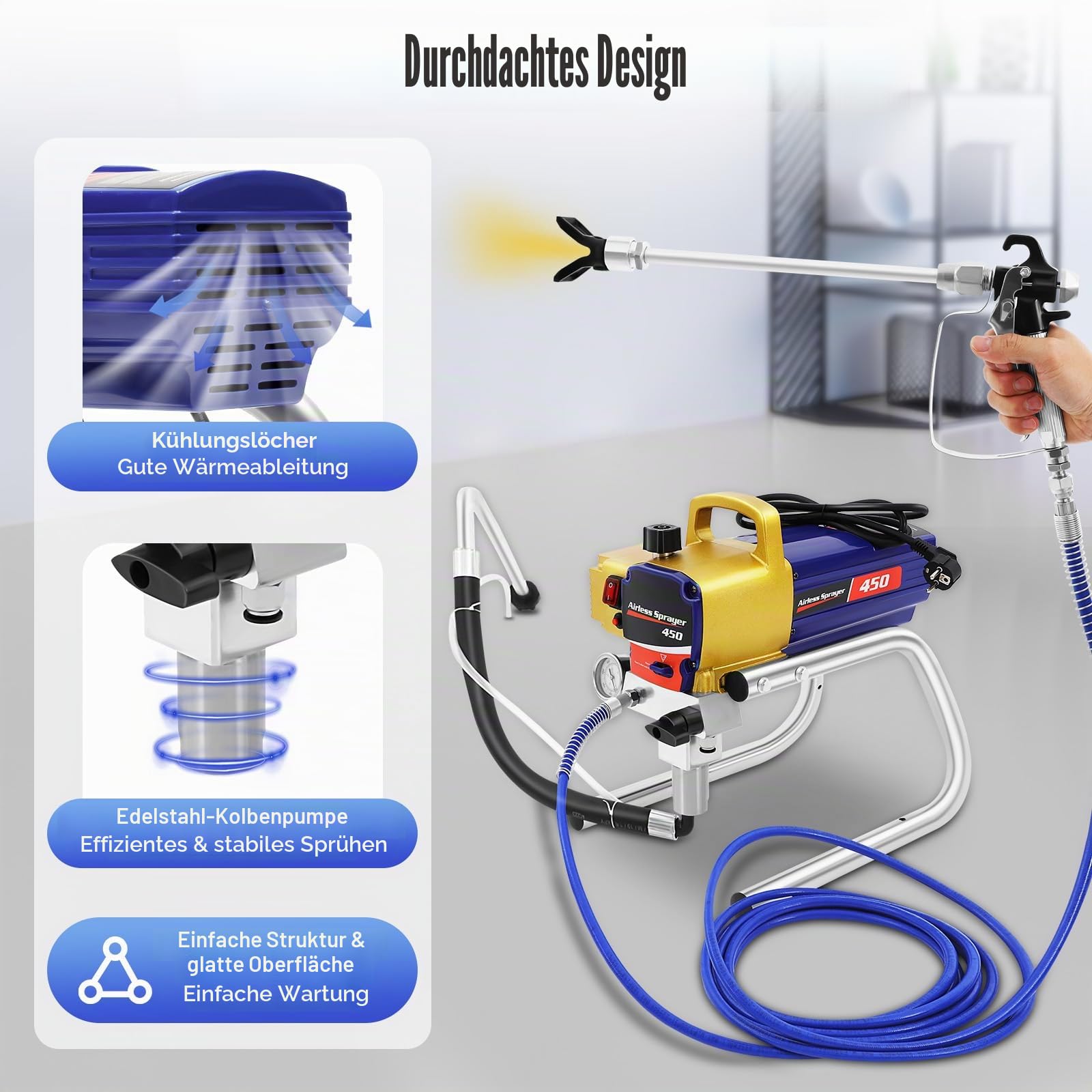 Farbsprühsystem Airless Farbspritzgerät 3300PSI Sprühgerät für Wandfarben, Spritzpistole mit Schlauch DIY-Malprojekte für Wandfarben, Lacke, Lasuren