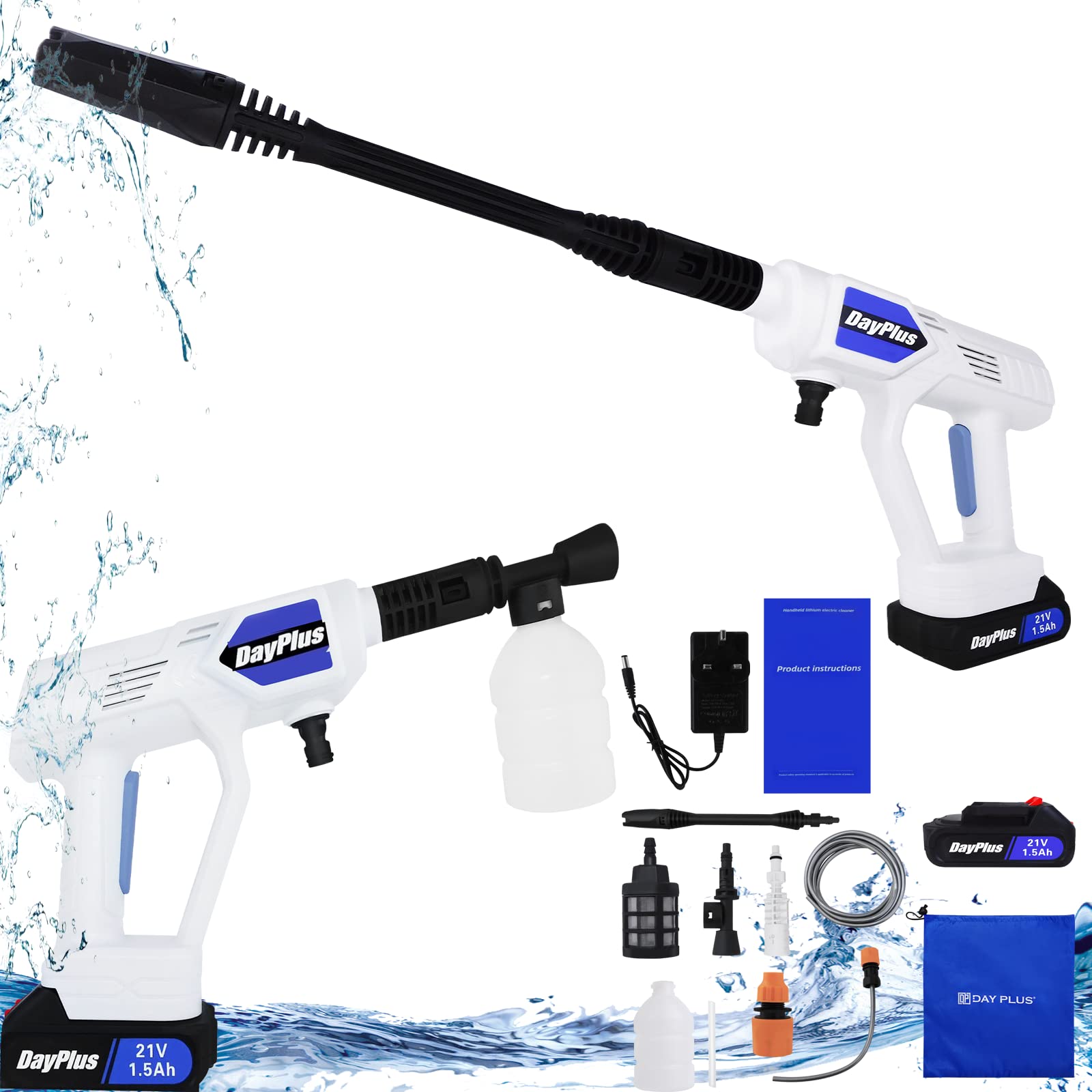 Cordless Pressure Water Gun Portable Water Spray Gun Car Cleaner with Rechargeable Battery, Powerful Wash Jet Multi-Function Nozzles for Home Ground Window Roof Pet Air-conditioner Plant Irrigating