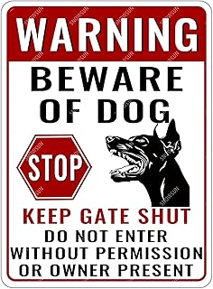snowsun Warning Metal Signs Beware of Dog Stop Keep Gate Shut Doberman Dog Tin Sign for Home Garden Yard Street Wall Decor 8×12 Inches