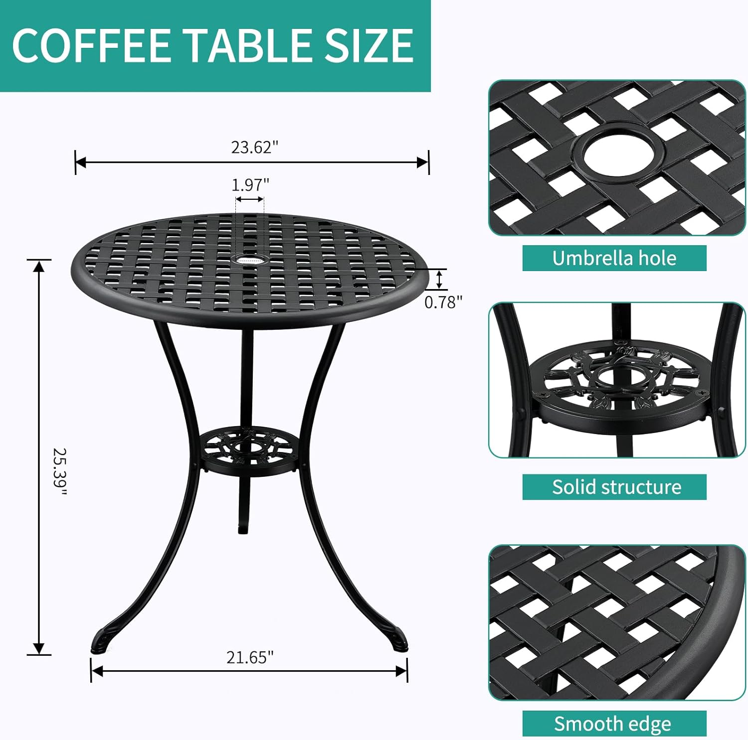 3-Piece Outdoor Bistro Set Cast Aluminum Patio bar Set with Umbrella Hole, Balcony, Backyard (Black, Grid)
