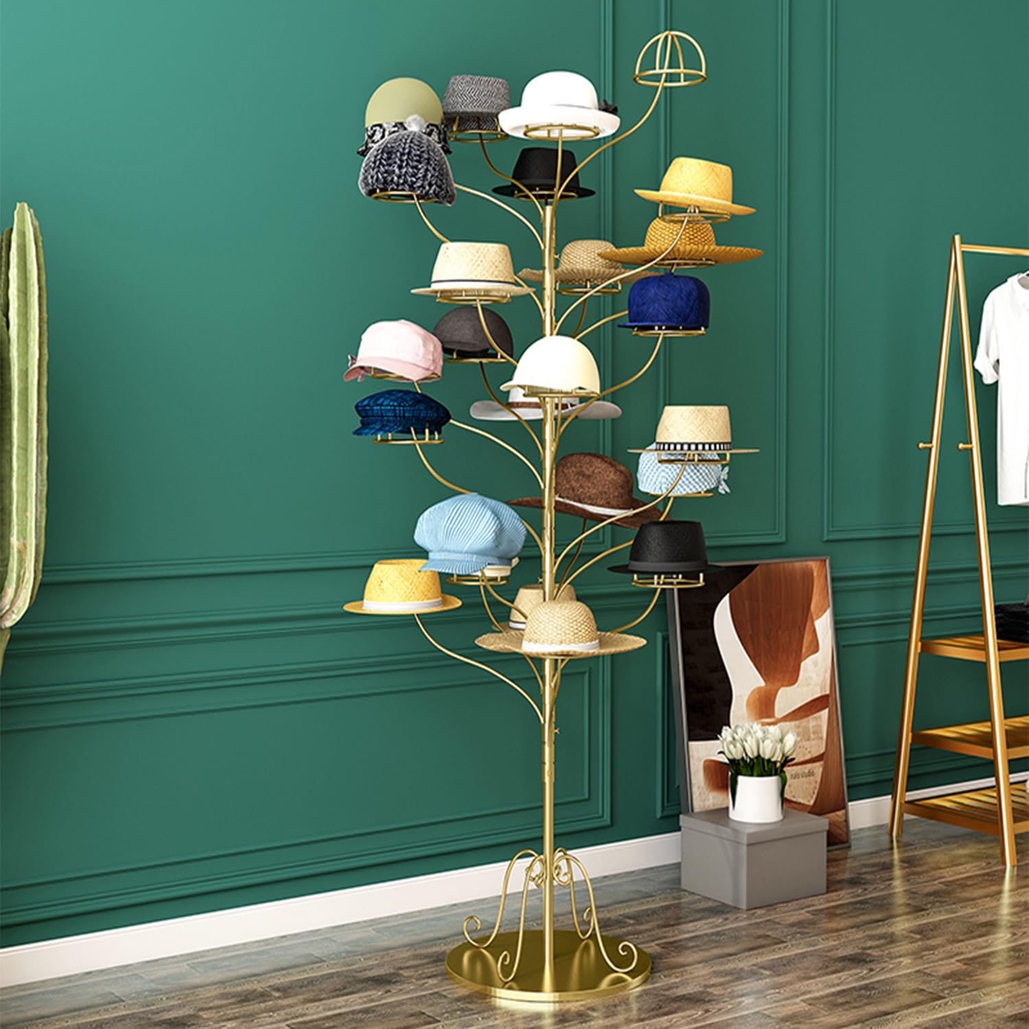 Support à chapeaux de cowboy doré avec 25 crochets pour rangement de chapeaux sur pied