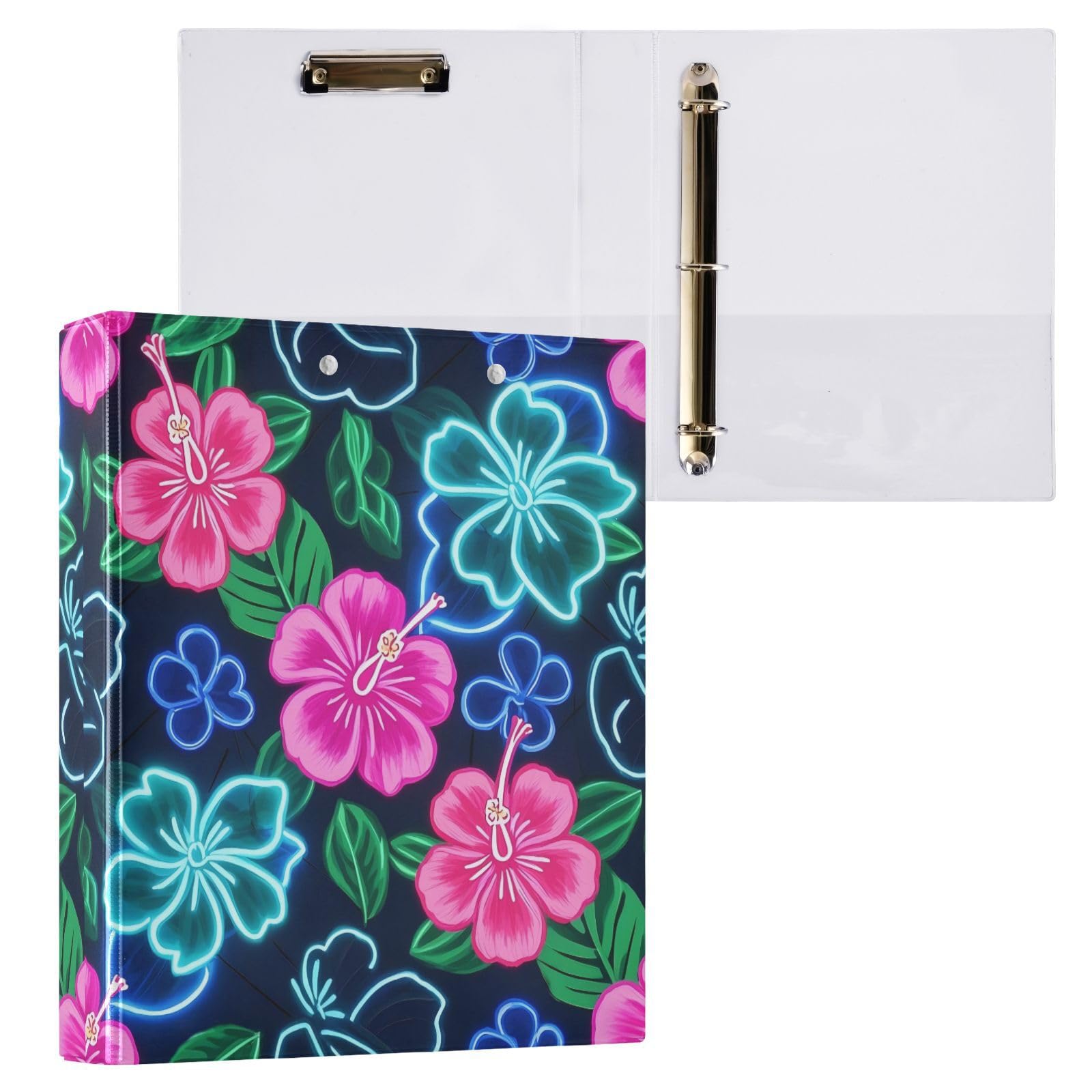 Summer Neon Hibiscus Frangipani Flower 3,8 cm Raccoglitori ad anelli a D con tasche, confezione da 2 raccoglitori estetici 200 fogli