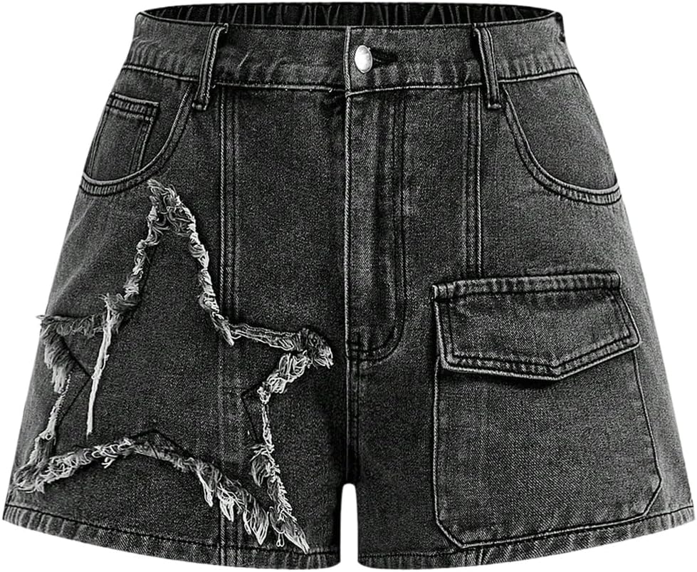 SOLY HUX Women's Plus Size Y2k Jeans High Waisted Ripped Cargo Denim Shorts Music Festival Party Clubwear