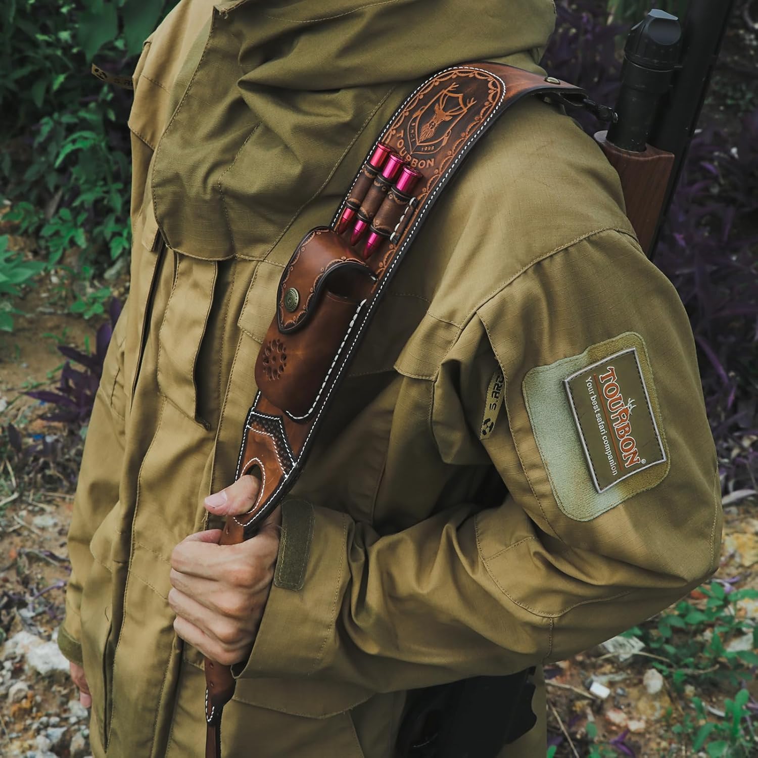 TOURBON Leather Rifle Sling with Accessory Pouch, Quick Release Metal Swivels, 3 Round Ammo Cartridge Holder, Thumb Hole, Heavy-Duty Hand Handle