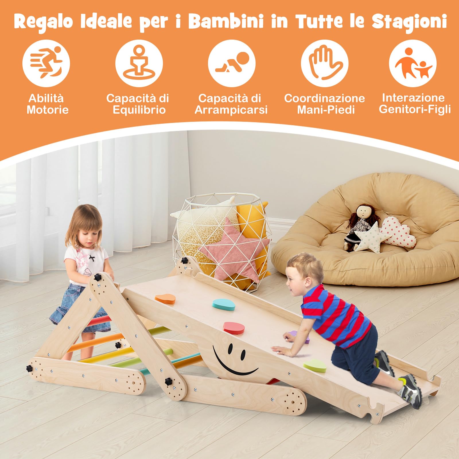 COSTWAY 5 in 1 Set da Arrampicata per Bambini, Giochi da Arrampicata Pieghevoli in Legno con Rampe Regolabili e Reversibili, Scala da Arrampicata per Bambini 3+ Anni (Colorato)