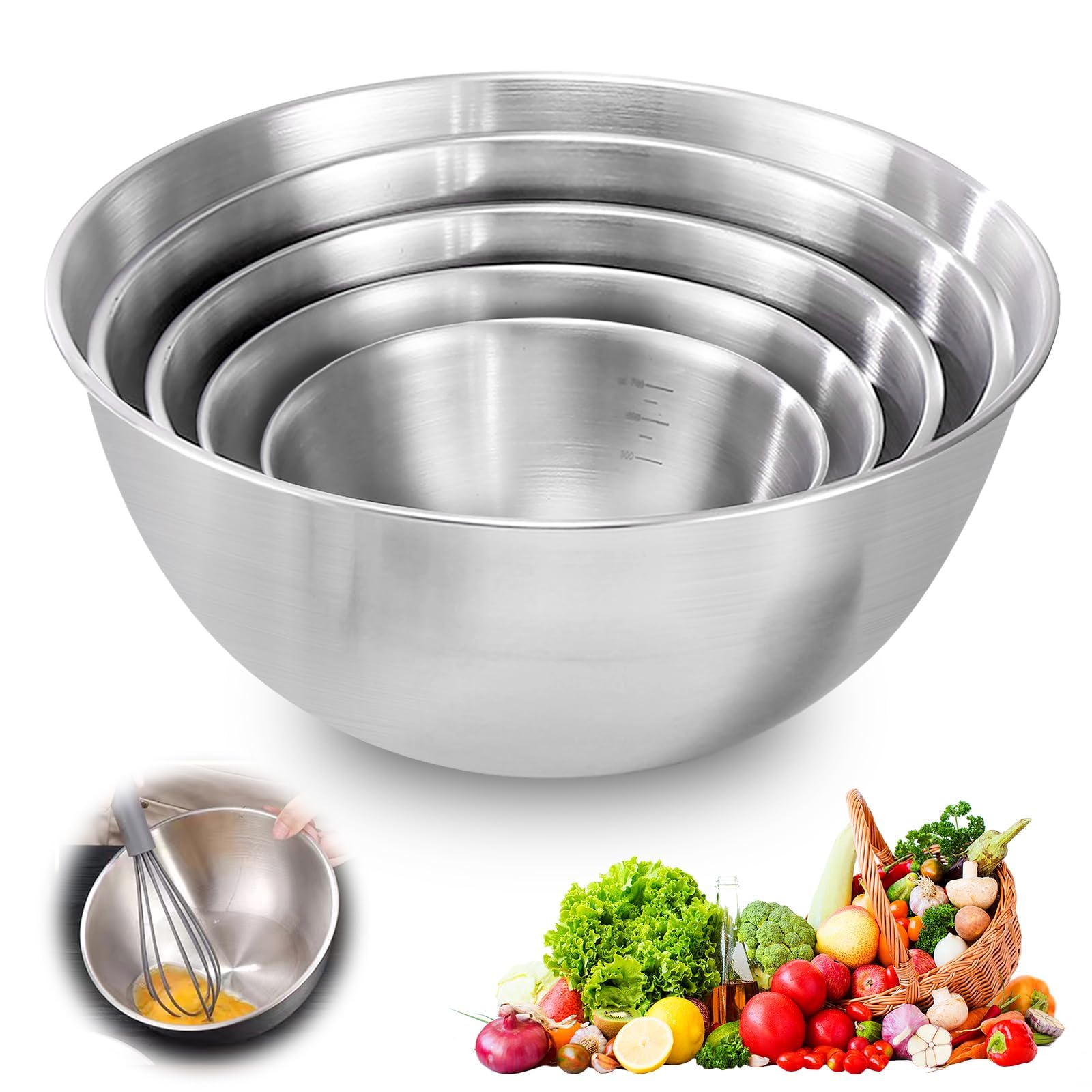 Lot de 5 bols en acier inoxydable, bol à salade, bol en acier inoxydable, bol de mélange, bol de cuisine, 1 l, 1,5 l, 2 l, 2,5 l, 3,5 l, pour la cuisine, peu encombrant