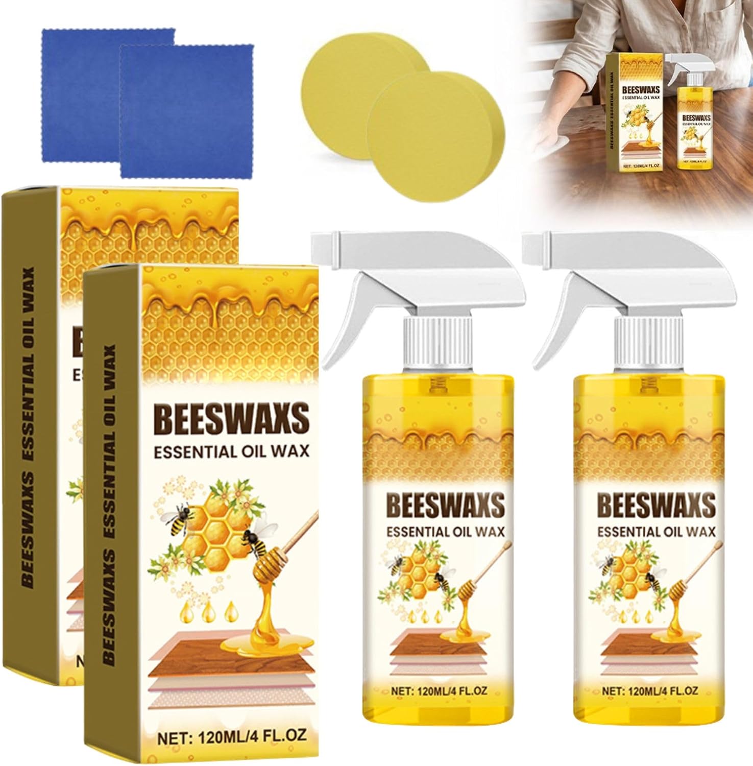 RAINPOT 2026 Beeswax Wood Polish Spray, Natural Beeswax Furniture Polish and Cleaner, Wood Care Spray for Cabinets, Tables, Floors, Wood Conditioning Polish Kit with Sponge & Cloth (3)