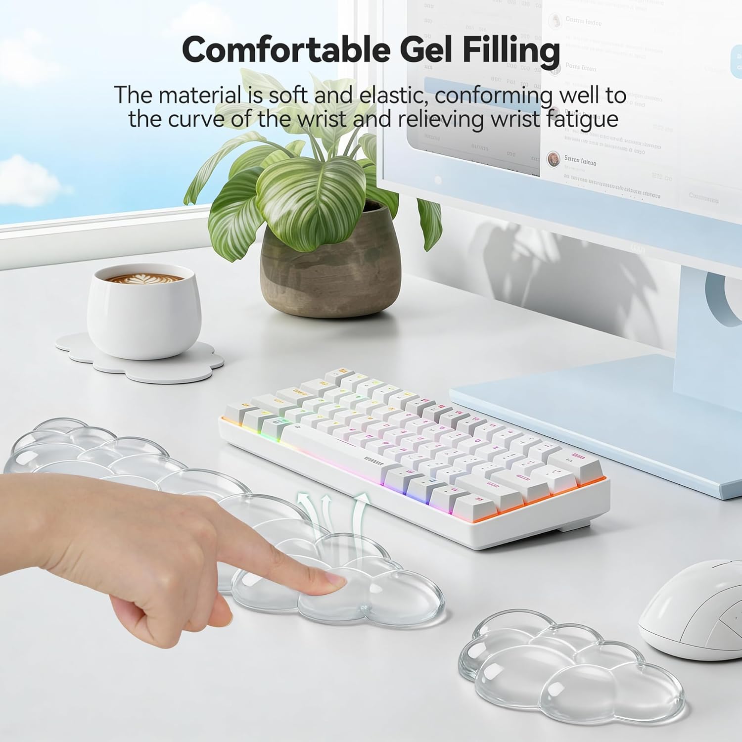 TECKNET Gel Cloud Wrist Rest Set, Cloud Wrist Rest with Non-Slip Base, Clear Wrist Pad for Keyboard with Mouse Wrist Rest for Computer Laptop Office Gaming and Pain Relief, Transparent