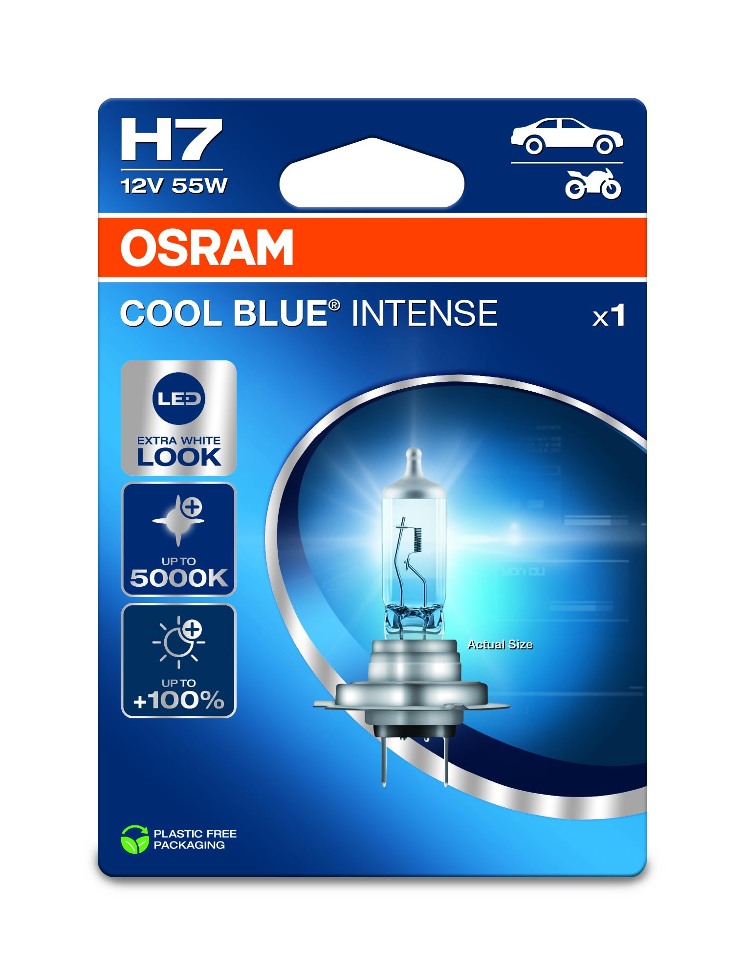 OSRAM COOL BLUE® INTENSE H7, +100% more brightness, up to 5,000K, halogen headlight lamp, LED look, Single Blister (1 lamp)