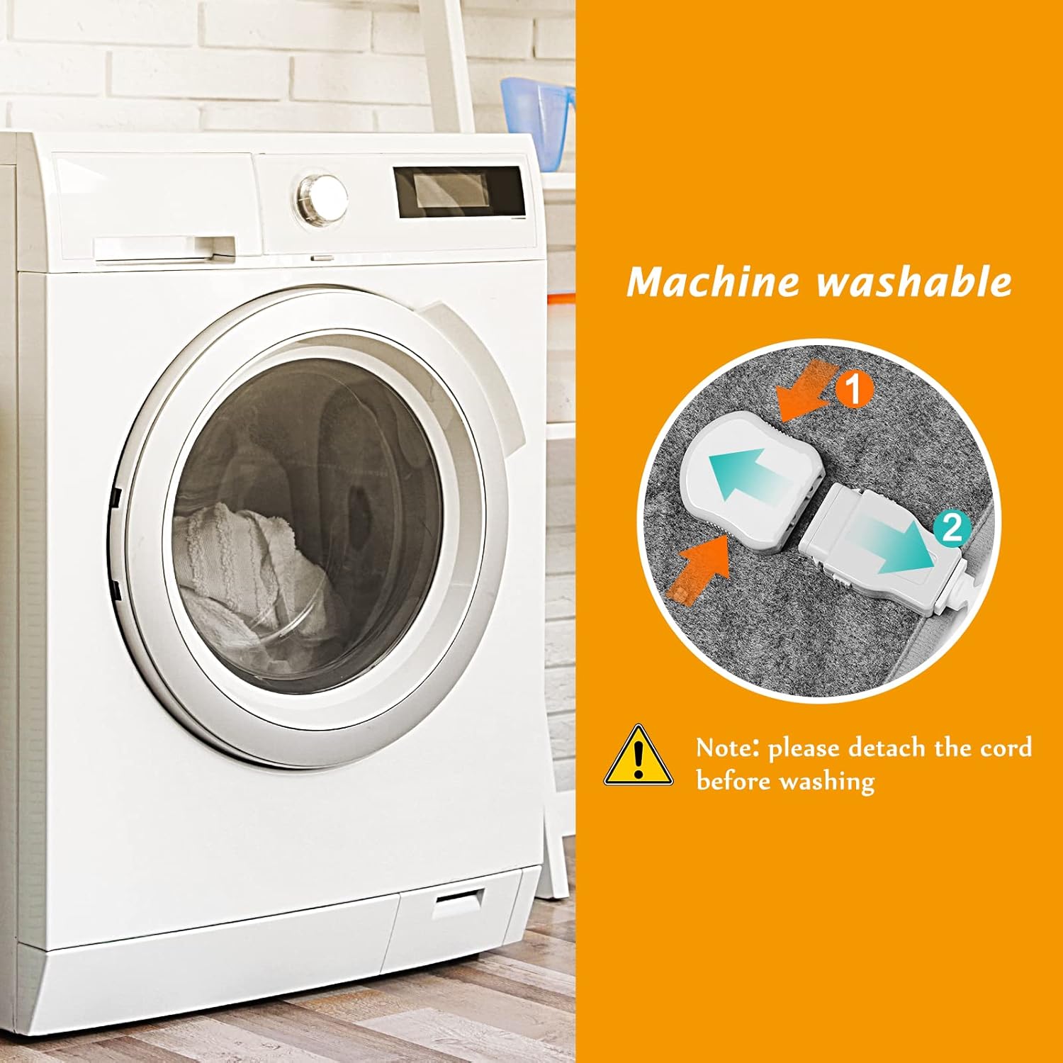 Image showing a washing machine and a diagram of how to detach the controller cord from the heated blanket before washing.