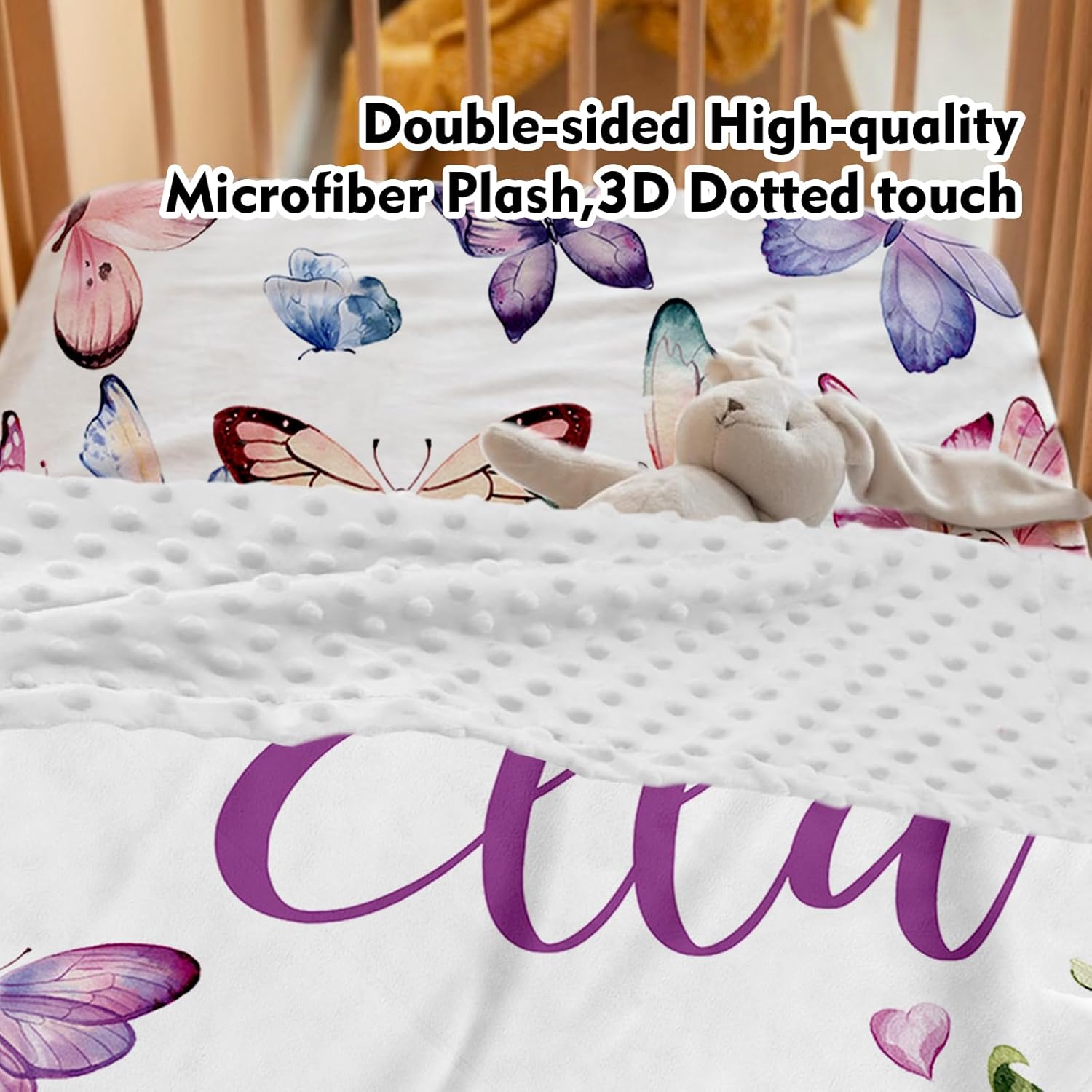 Personalized Baby Crib Bedding Set, Custom Name Pink Butterfly Design Nursery Bed Set 4 Piece, Baby Blanket Fitted Sheet Nursery Rug Wall Art Set, Custom Room Decor Idea Gift for Newborns Girls