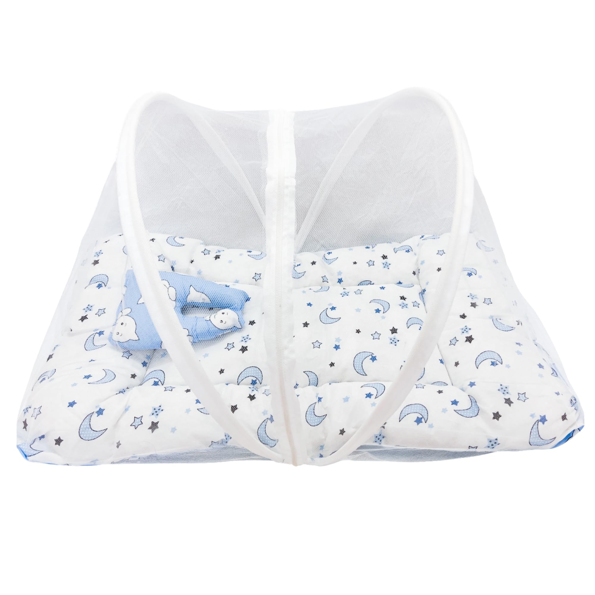 Baby Bed Mattress with Mosquito Net Blue | Indoor Sleep Rest Use | Cotton Fabric Mesh Net Soft Filling Flat Base for Newborn Infant Toddler Daily Sleep Support