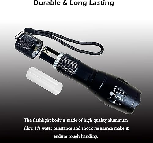 Miniatura 4 de GaiGaiMall Linterna LED táctica de grado militar, 3000 lúmenes, con zoom, resistente al agua (paquete de 2 unidades, 5 modos)