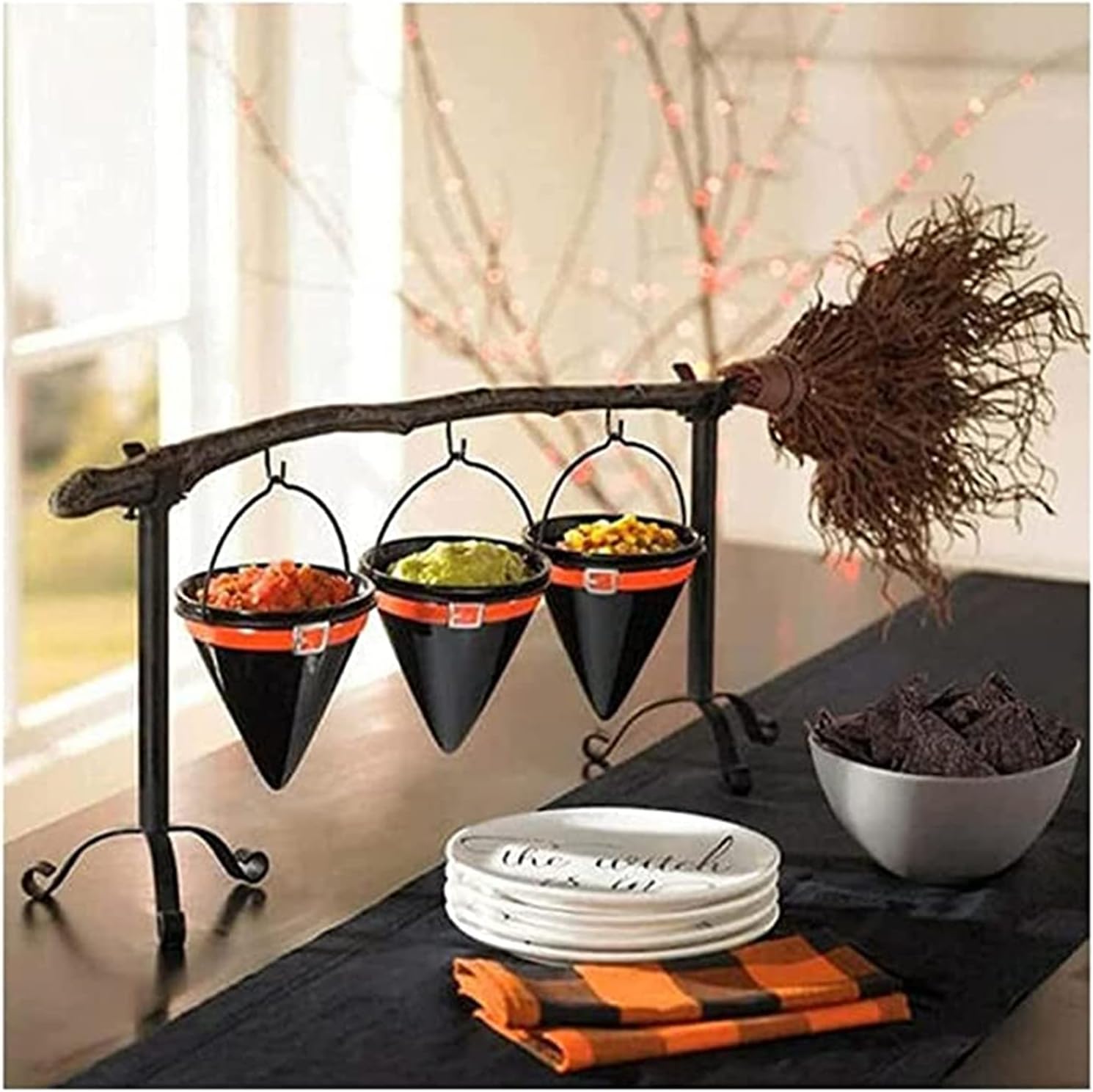 PETSBURG 2021Halloween Cute Snack Bowl Stand,3-Tier Plastic Cupcake Stand,Halloween Creative Snack Basket,Cute Broomstick and Pumpkin Display Tower,for Biscuit Dessert Snack Storage (A)