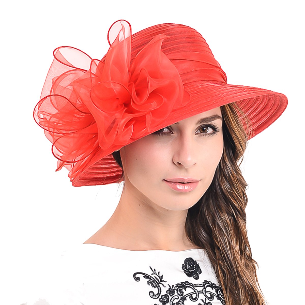Hisshe Women's Red Ascot Derby Bowler Church Cloche Hat Bowknot Bridal Dress Party Cap S051 (Red), M