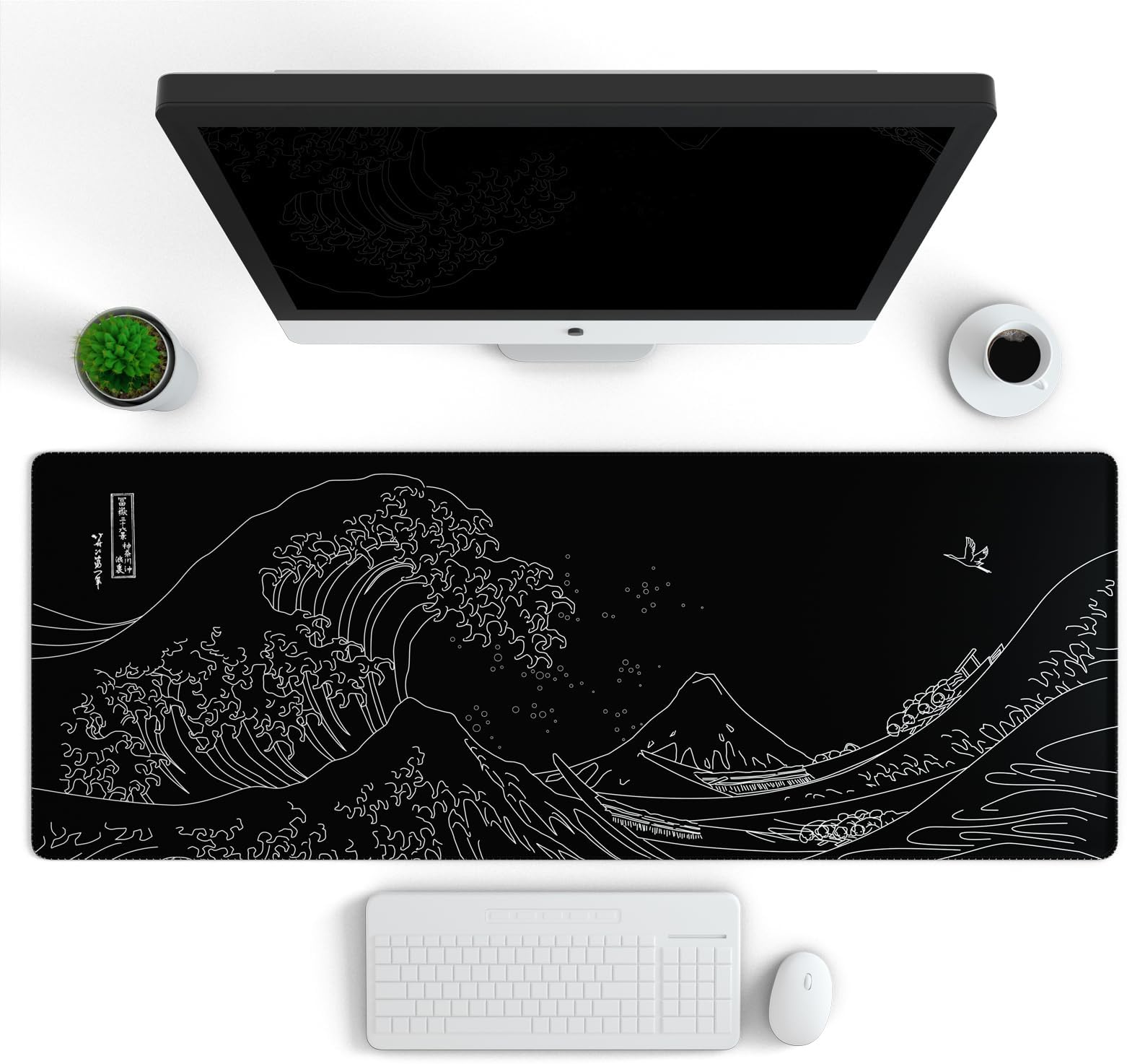 Ovenbird Gaming Mouse Pad with Stitched Edges, Japanese Sea Wave Large Extended XL Anime Mousepad Gaming with Anti-Slip Base, Cool Black and White Mouse Pad for Desk, 31.5 x 11.8 in, Black