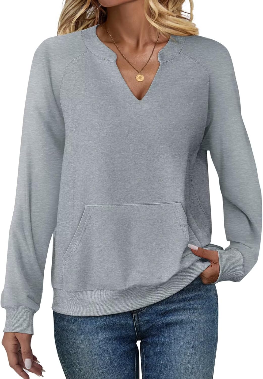 EADINVE Womens V Neck Sweatshirts with Pockets Fleece Pullover Casual Loose Fit Long Sleeve Tops Fall Clothes 2025