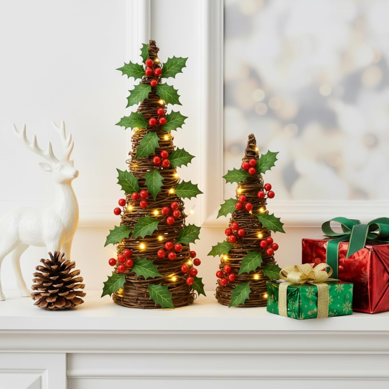 Qinyoung 2 Pcs Lighted Christmas Cone Tree Rattan Table Decoration 12'' 10'' Xmas Artificial Rattan Red Berries Green Leaves Table Centerpiece Cone Tree 2 Various Sizes for Winter Party Village Decor