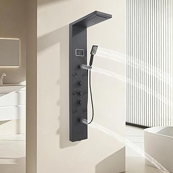 6-in-1 LED Shower Panel Tower System with 8 Adjustable Body Jets, Rainfall & Waterfall Shower, Smart Temperature Display, 59" Hose, Brushed Gold Stainless Steel, Wall Mounted Black