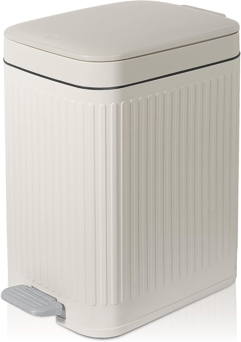 Small Bathroom Trash Can with Lid, 1.9 Gallon Slim Soft Close Step, Cream | Garbage Can with Pedal for Office, Bedroom, Kitchen & Living Room, Narrow Plastic Wastebasket Container for Small Spaces