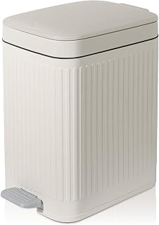 Rejomiik 1.9 Gallon Slim Bathroom Trash Can with Soft Close Lid - Step-On Garbage Bin for Bedroom Kitchen Office (Cream)