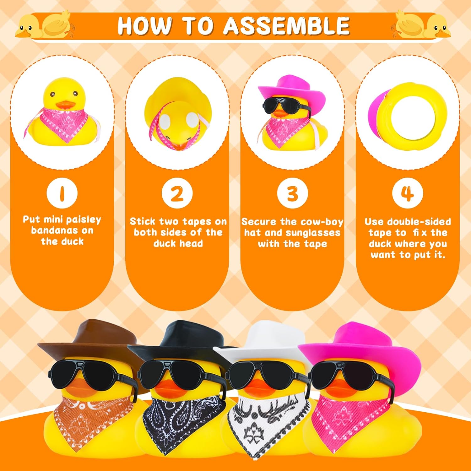 12pcs Cowboy Rubber Ducks with Hats, Scarves & Sunglasses - Bulk Mini Tiny Duck Decor for Party Favors, Home Office Desk, Photo Props