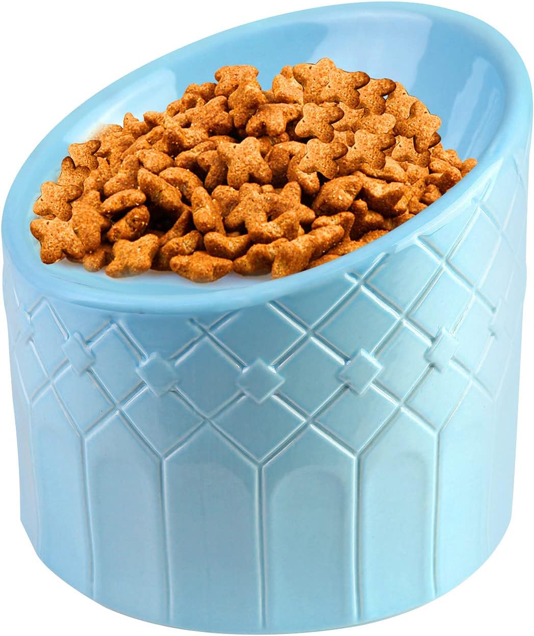 SLixuhay Ceramic Tilted Raised Cat Bowl,Sturdy Pet Food Bowl for Indoor Cats,Strain Free Pet Feeding Bowl (Blue)