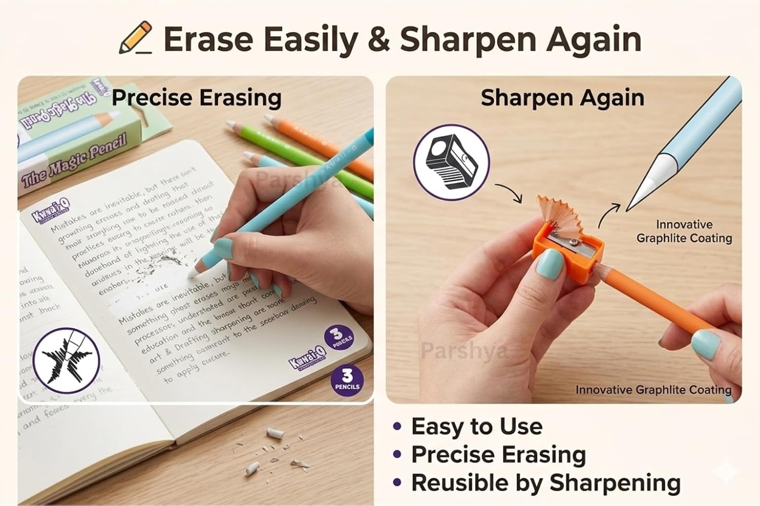 Magic Pencil Shape Eraser Set with Sharpener | Premium Wooden Body Erasers for Kids, Students & Artists | Smooth Non-Dust Erasing | Ideal Birthday Return Gift(Pack of 1 Set)