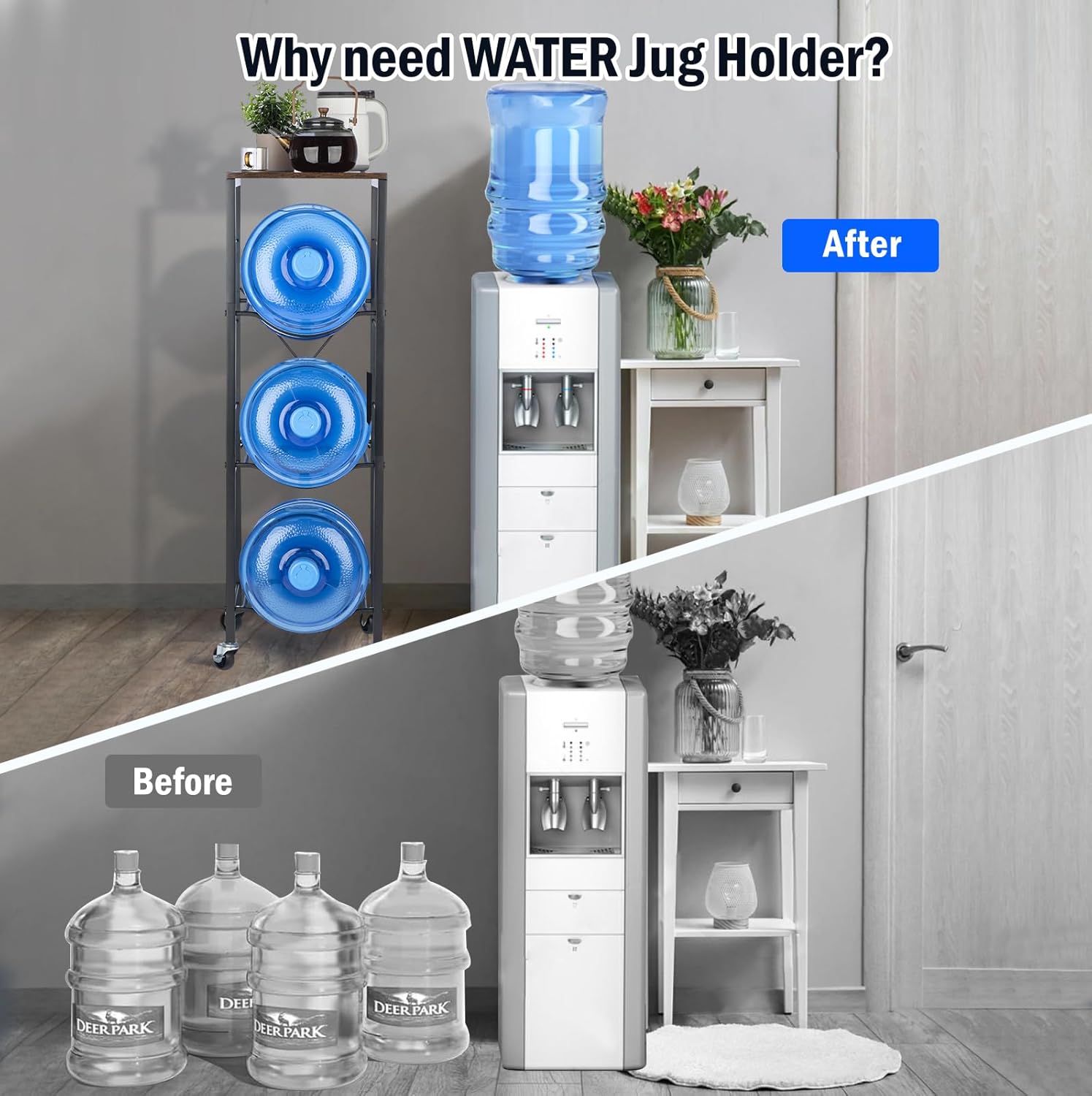 5 Gallon Water Jug Holder - 3-Tier Water Jug Rack with Wheel Reinforced X-Shape Design, 5 Gallon Water Jug Stand with Storage Shelves for Kitchen, Living Room, Office - Image 7