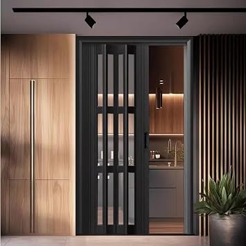 Black Plastic Accordion Closet Door, Adjustable Height No-Drilling Folding Door for Patio, Custom Size Multi Fold Barn Retractable Door80x80in203.2x203.2cm