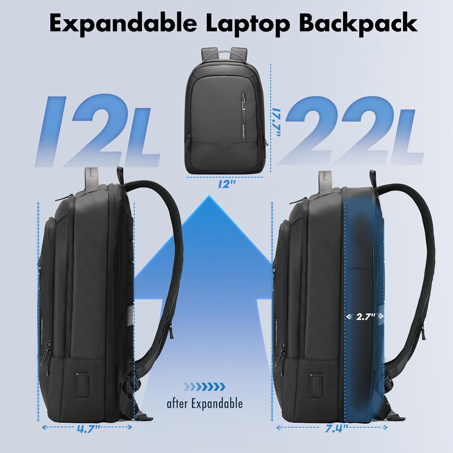 hk Slim Expandable Laptop Backpack for Men, 15.6 Inch Business Work Backpack with USB Charging Port, Water-Resistant Computer Backpack for Office Travel Daily Commute, Black - Image 2