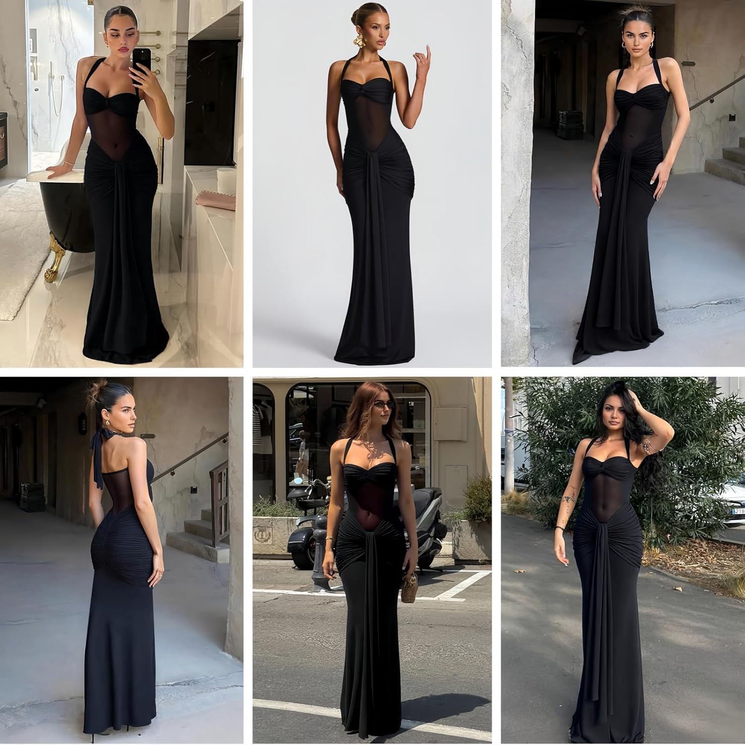 JUMISEE Women’s Sexy Halter Twist Knot Maxi Dress Draped Ribbon Ruched Cocktail Dress Sheer Mesh Bodycon Formal Dresses