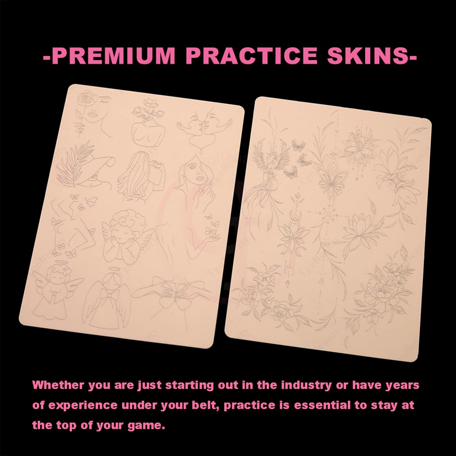 FeteBeauty 3pcs Pink Tiny Tattoo Practice Skin with Design Silicone Double Side Printing Mini Tattoo Practice Pad with Light Gray Outline for Tattoo Practice (3pcs)