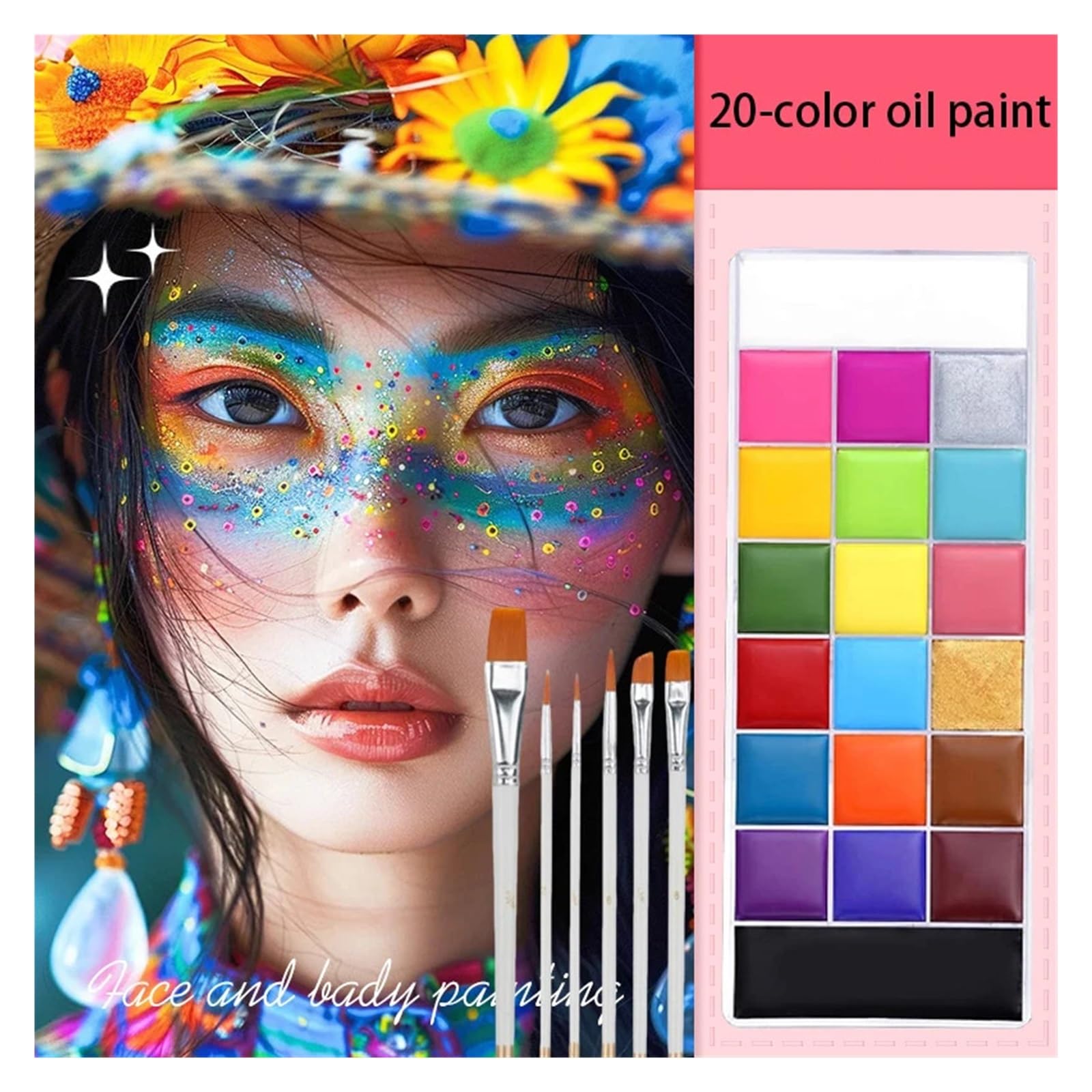 paleta de pintura corporal Pinturas al óleo y pinceles for pintura facial corporal(2pcs with 6 Brushes)