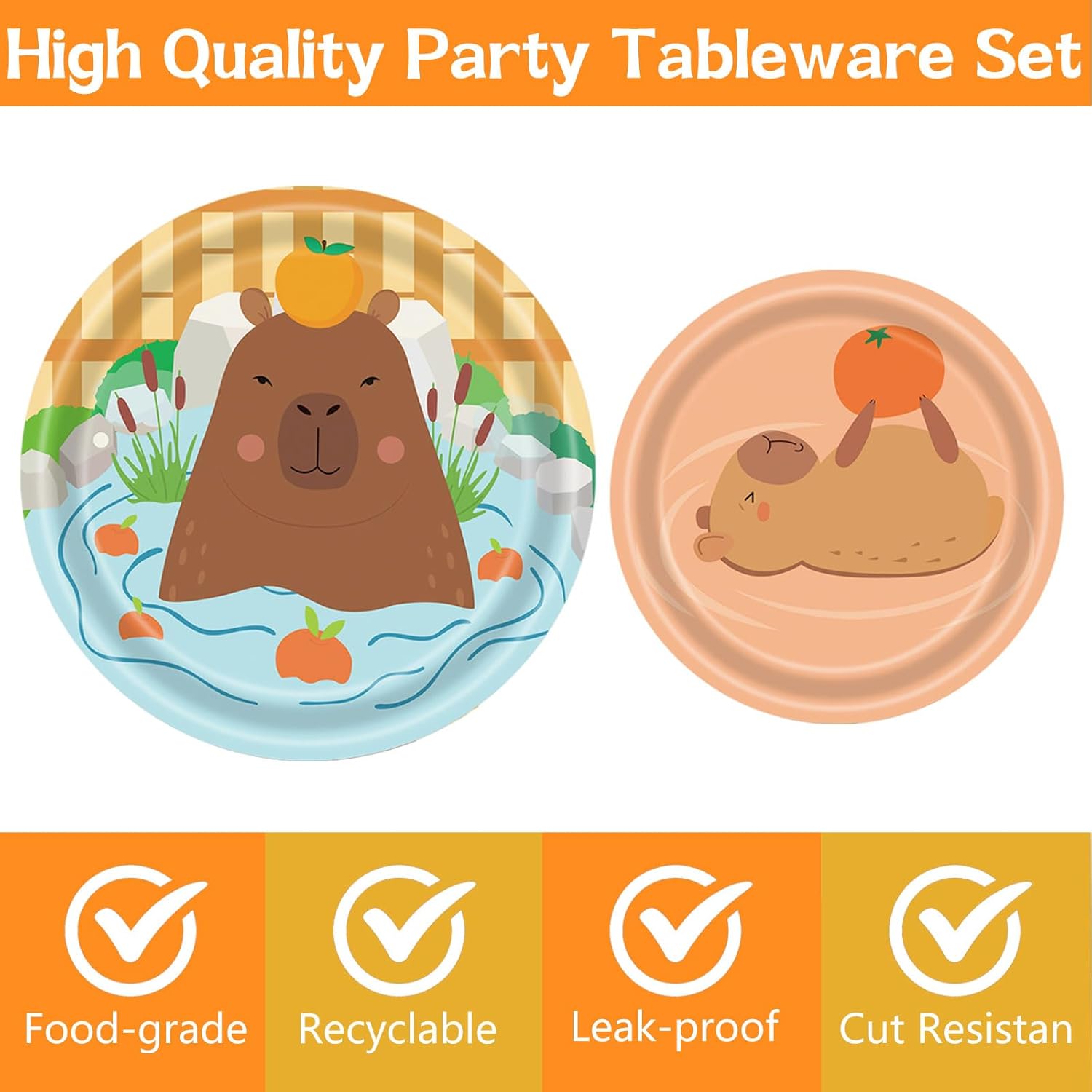 96Pcs Capybara Plates and Napkins Capybara Party Decorations Cartoon Cute Capy Theme Decorations Birthday Disposable Tableware Set for Animal Orange Birthday Party Serves 24
