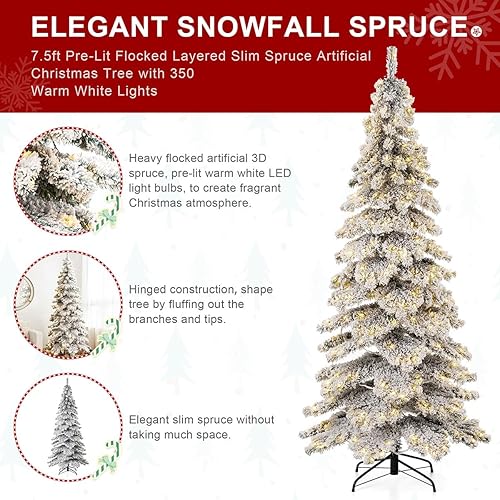Miniatura 5 de Glitzhome Árbol de Navidad artificial de abeto flocado preiluminado de 7.5 pies, árbol de abeto de nevada elegante de Navidad grande con 350 luces