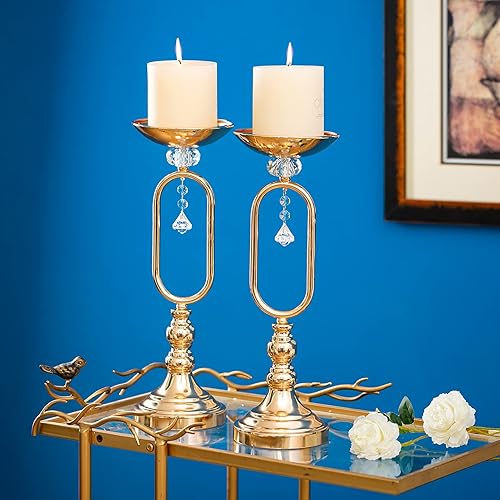 Miniatura 4 de Nuptio Jarrón de flores de metal de 2 piezas para recepción de boda, soporte de vela de pilar dorado de 14.96 pulgadas de alto, decoración de mesa