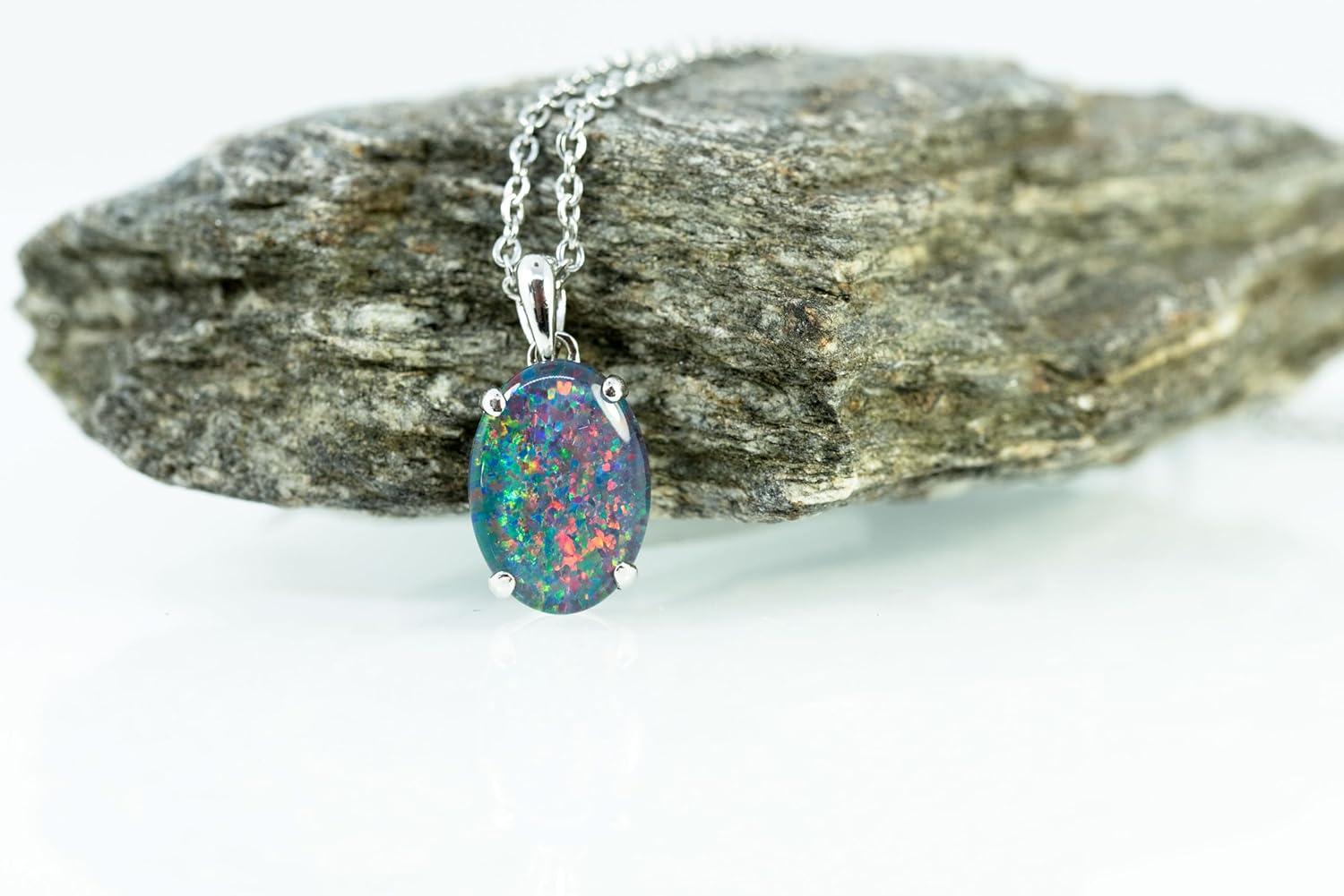 Australian Triplet Opal - Fire Opal - Genuine Australian Triplets Opal Necklace Pendant in Sterling Silver White Gold Plated Women's Jewelry