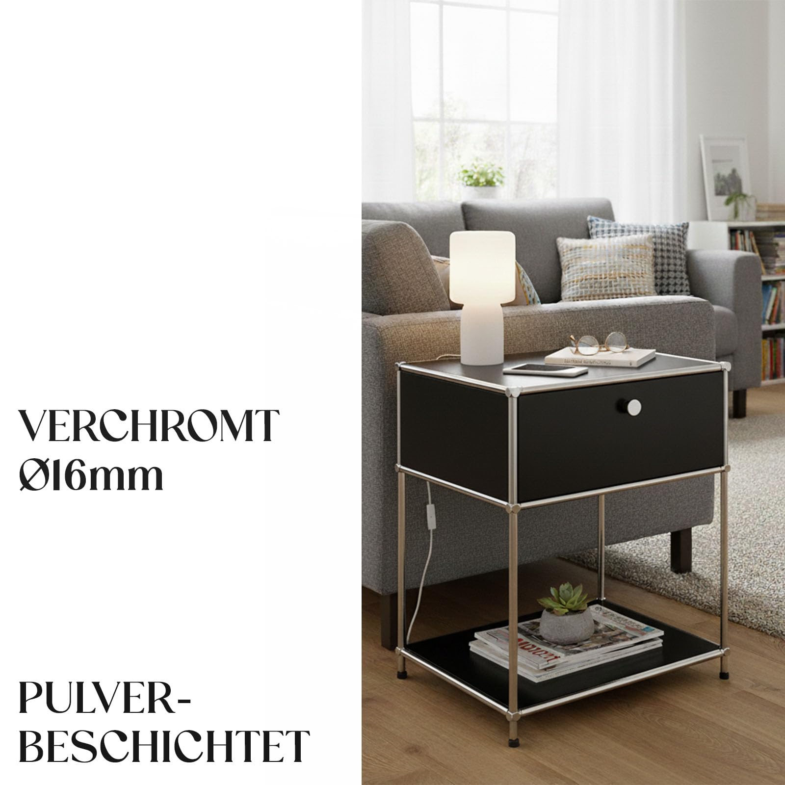 Floordirekt Regal, Metallregal, Beistelltisch - Schwarz, Chrom, 63Hx50Bx40T cm - Modulares Stecksystem im modernen Design, Metall Regal für Wohnzimmer, Büro, Flur - Nachttisch Concept Epure MK-139