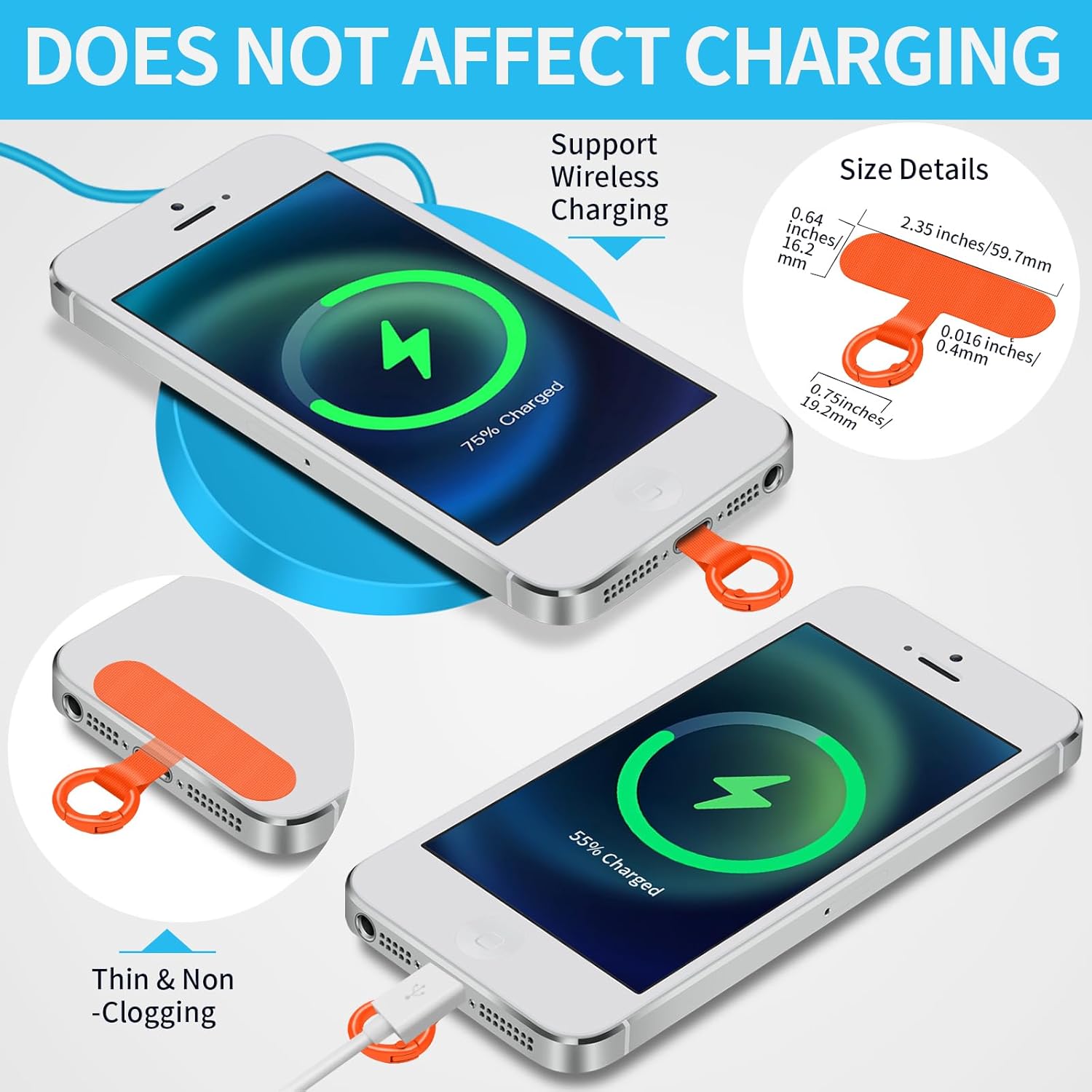 Phone Tether Tab, 2 Pack Cell Phone Lanyard Patch Without Adhesive, Phone Strap Replacement Part for All Full Phone Cases (Orange) - Image 3