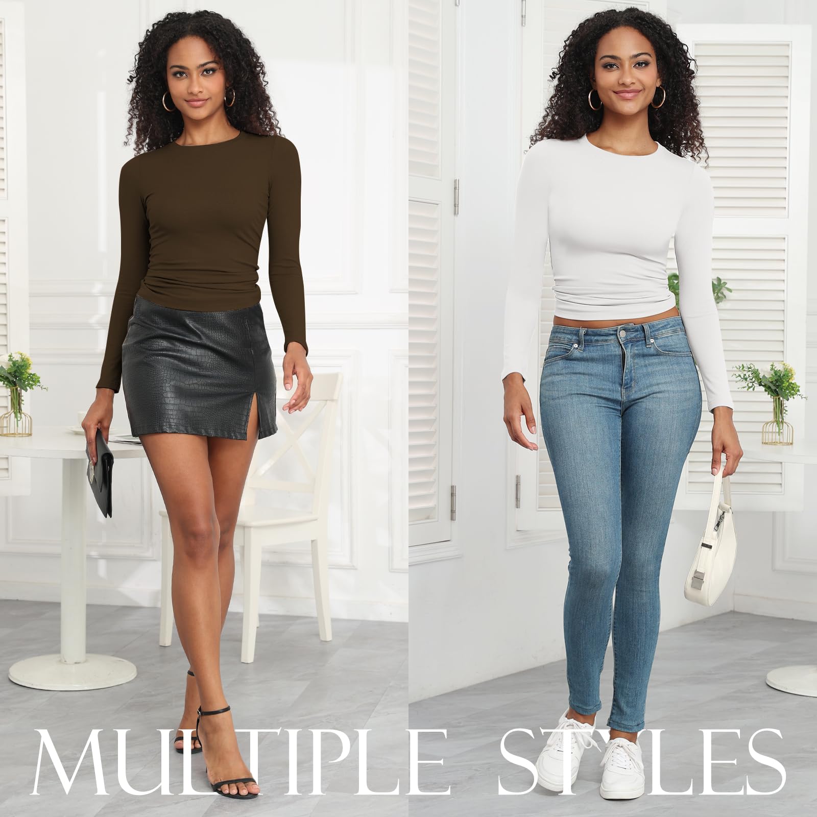 Lot de 5 Tee Shirt Hauts Essentiels à Manches Longues pour Femmes Coupe ajustée Extensibles Col Ras du Cou t-Shirts Respirants à Superposer