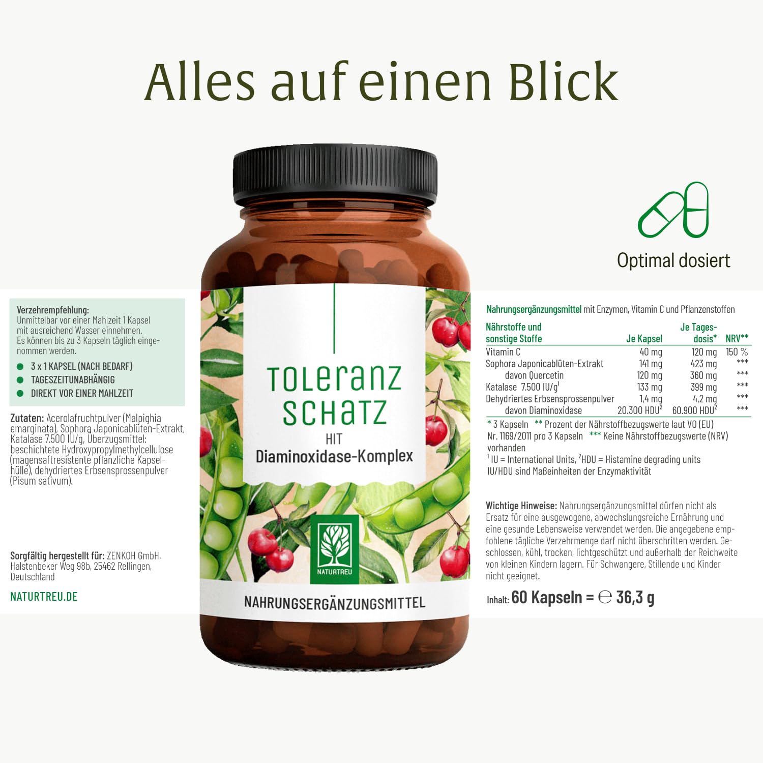 DAO Enzym Komplex mit Diaminoxidase aus Erbsen – 60 vegane DAO Kapseln – bei histaminreicher Ernährung – bis zu 60-Tage-Vorrat - NATURTREU® Toleranzschatz
