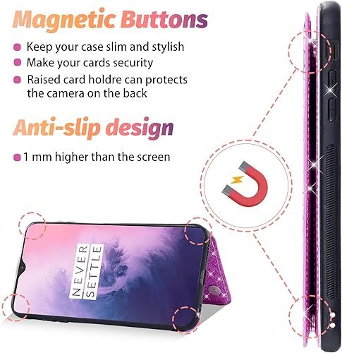 Miniatura 6 de Asuwish Funda de teléfono para OnePlus 7 6T con protector de pantalla y tarjetero con purpurina brillante para OnePlus6T A6013 OnePlus7 GM1900 One