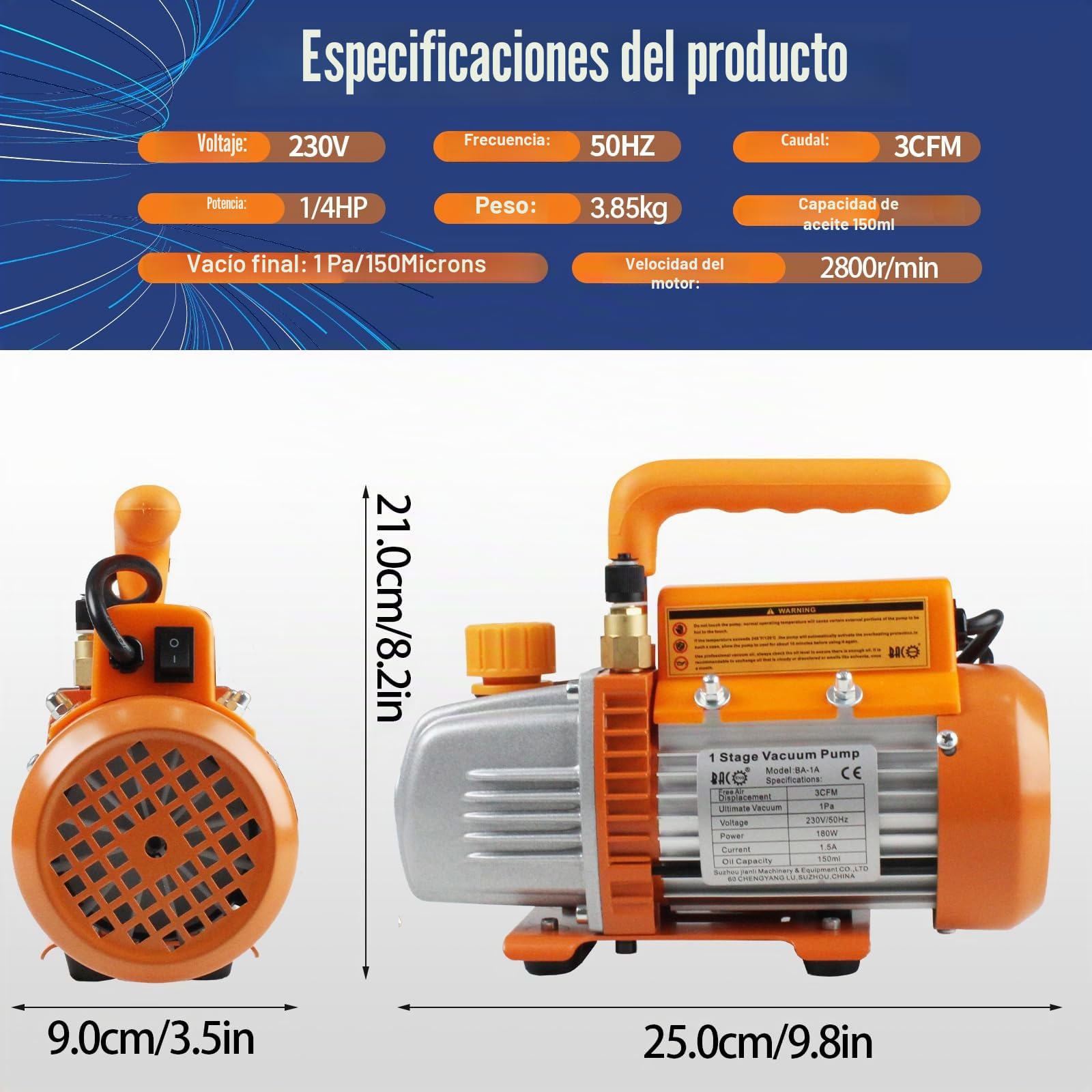 BACOENG Bomba de Vacío de Etapa Única, 85 litros/min, 1Pa, 125W